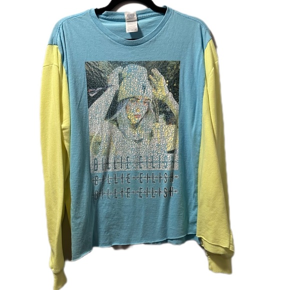 Hand Crafted Tops - Billie Eilish up cycle sweatshirt sides raw hem pilling cracked graphic